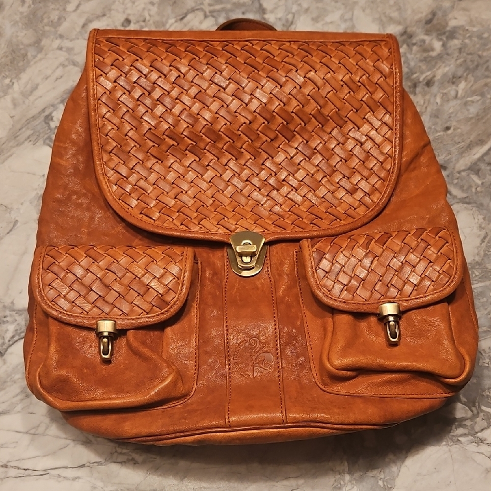 Chic Tan Leather Backpack with Woven Design